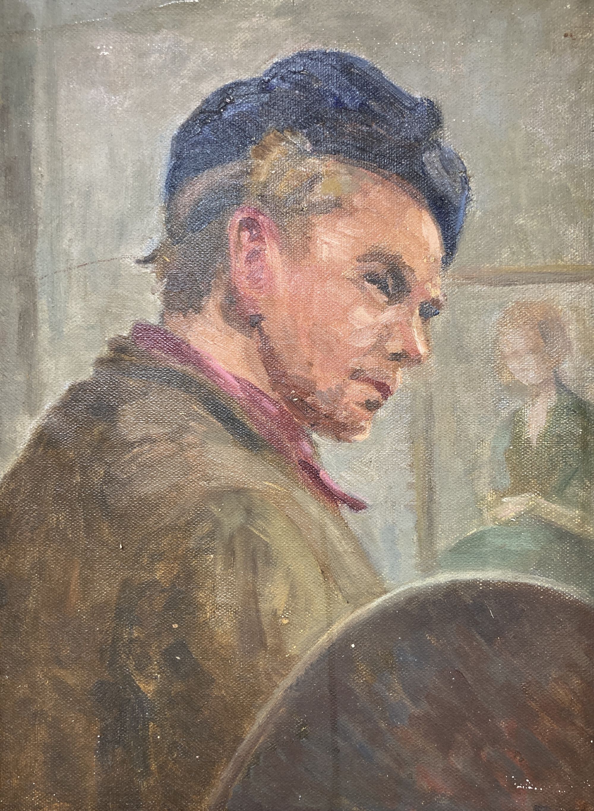 Frederick Whiting (1874-1962), oil on canvas laid on board, Study of an artist, possibly a self portrait, inscribed verso, 28 x 21cm